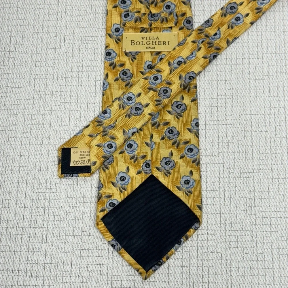 Villa‎ Bolgheri Necktie Mens Gold Blue Floral Silk Italy Wedding Dapper Classic